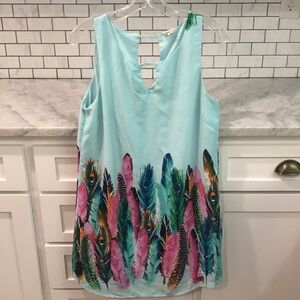 Pink Owl Slip Dress Womens Large Blue Feather Lined Silky Shift Boho Beach Party